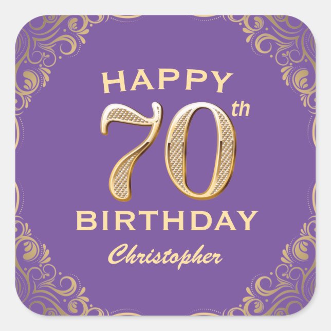 70th Birthday Party Purple and Gold Glitter Frame Square Sticker (Front)