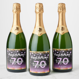 70th birthday party purple black glitter diamonds sparkling wine label