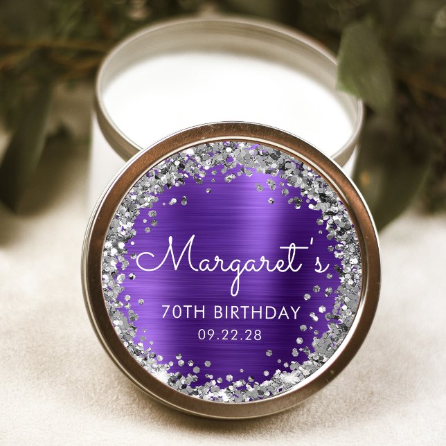 70th Birthday Party Purple Silver Glitter Classic Round Sticker (Creator Uploaded)
