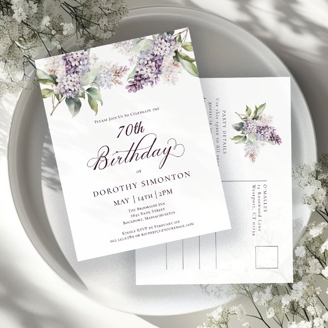 70th Birthday Party Purple Spring Lilac Flower Invitation Postcard (Creator Uploaded)