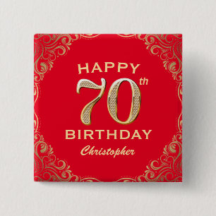 70th Birthday Party Red and Gold Glitter Frame 15 Cm Square Badge
