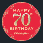 70th Birthday Party Red and Gold Glitter Frame Classic Round Sticker<br><div class="desc">70th Birthday Party Red and Gold Glitter Frame Sticker. For further customisation,  please click the "Customise it" button and use our design tool to modify this template.</div>