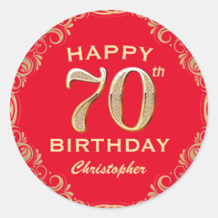 70th Birthday Party Red and Gold Glitter Frame Classic Round Sticker