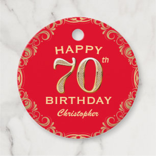 70th Birthday Party Red and Gold Glitter Frame Favour Tags