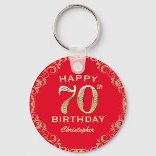 70th Birthday Party Red and Gold Glitter Frame Key Ring