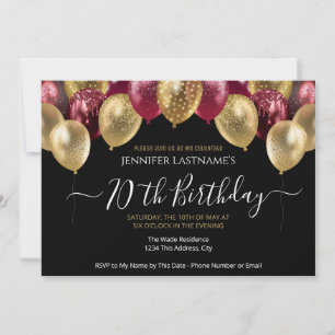 70th Birthday Party Red and Gold Invitation