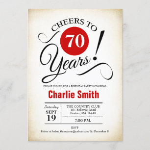 70th Birthday Party - Red Black White Invitation