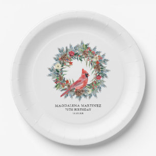 70th Birthday Party Red Cardinal Wreath Custom Paper Plate