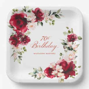 70th Birthday Party Red Pink Floral Custom Paper Plate