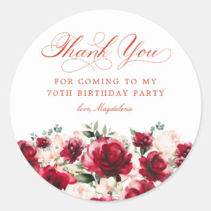 70th Birthday Party Red Pink Floral Thank You Classic Round Sticker