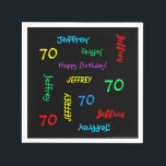 70th Birthday Party Repeating Name Age Black Paper Napkin<br><div class="desc">What a wonderful, personalised paper napkin for a 70th birthday party or any other occasion. Name and Age repeats in different fonts and primary colours on a black background. Easy to personalise - just CHANGE NAME, AGE, and OCCASION in ONE PLACE. Supports name up to 9 characters. A colourful and...</div>