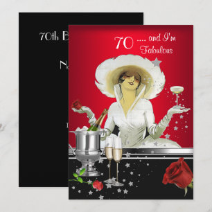70th Birthday Party Retro Diva Art Deco Red Silver Invitation
