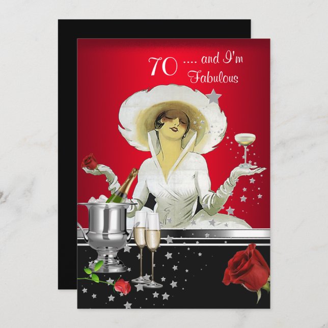 70th Birthday Party Retro Diva Art Deco Red Silver Invitation (Front/Back)