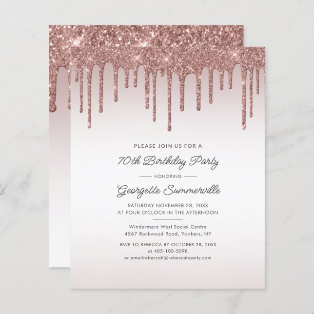 70th Birthday Party Rose Gold Glitter Drip Invite (Front/Back)