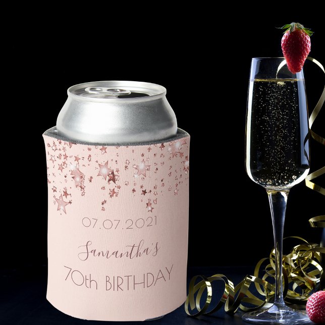 70th birthday party rose gold shiny stars glittery can cooler (Creator Uploaded)