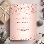 70th birthday party rose gold stars invitation postcard<br><div class="desc">A modern, stylish and glamourous invitation for a woman's 70th birthday party. A faux rose gold metallic looking background with an elegant faux rose gold twinkling stars. The name is written with a modern dark rose gold coloured hand lettered style script. Templates for your party details. Back: rose gold background....</div>