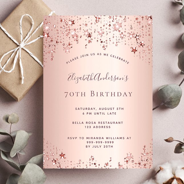 70th birthday party rose gold stars invitation postcard (Creator Uploaded)