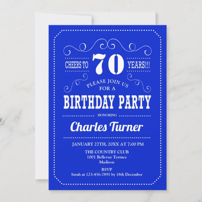 70th Birthday Party - Royal Blue White Invitation (Front)