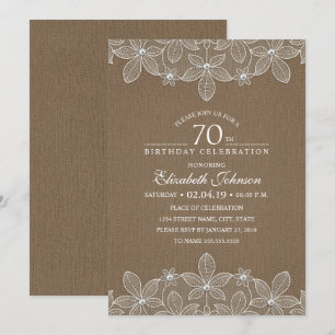 70th Birthday Party Rustic Burlap Pearls and Lace Invitation