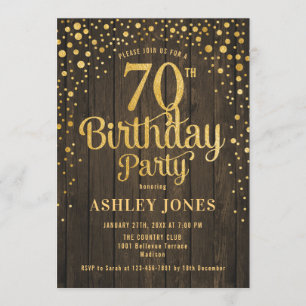 70th Birthday Party - Rustic Wood & Gold Invitation