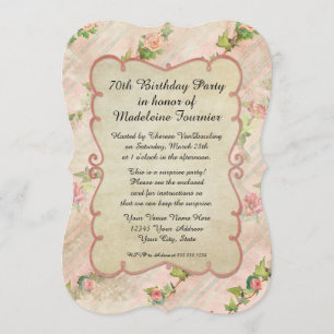 70th Birthday Party Scroll Frame w Vintage Roses Invitation