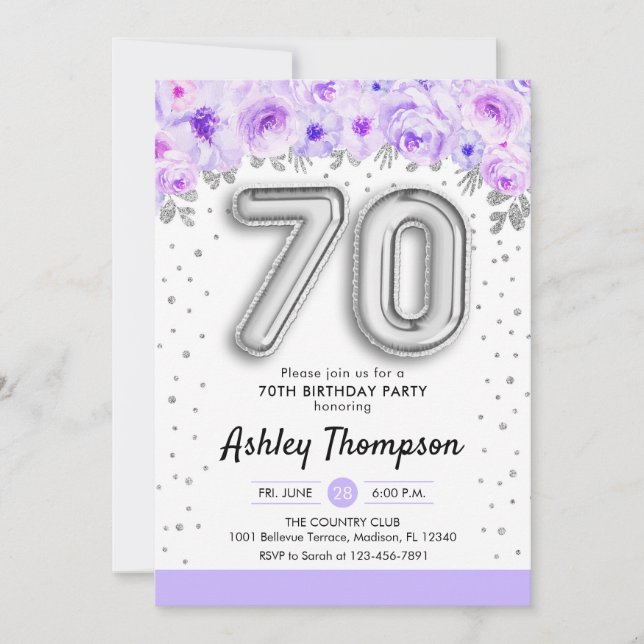 70th Birthday Party - Silver Balloons Purple Invitation (Front)