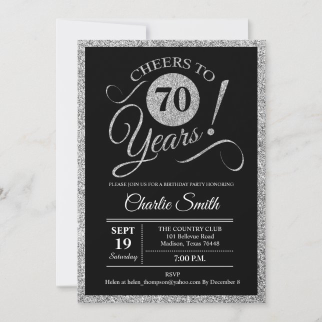 70th Birthday Party - Silver Black ANY AGE Invitation (Front)