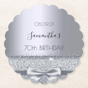 70th birthday party silver bow elegant paper coaster
