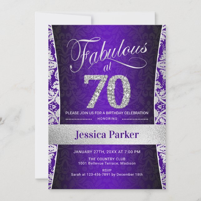 70th Birthday Party - Silver Purple Invitation (Front)