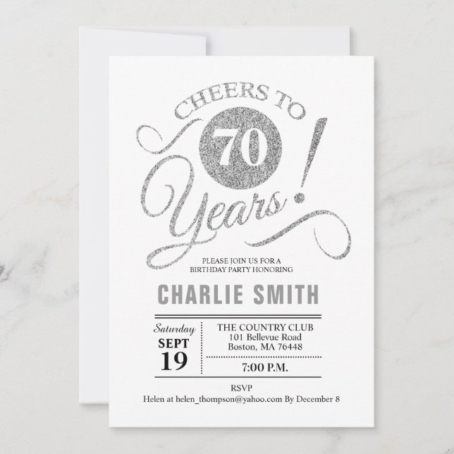 70th Birthday Party - Silver White Invitation (Front)