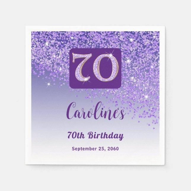 70th Birthday Party Sparkle Purple Glitter Napkin (Front)