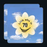 70th Birthday Party Summer Sunshine Invitation<br><div class="desc">White flower graphic with glowing sunshine,  smile,  and eyeballs on a blue summer sky background for a 70th birthday party.
All text can be changed.</div>