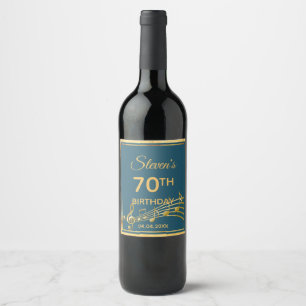70th birthday party teal blue green gold music wine label