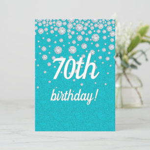 70th birthday party teal green glitter diamonds invitation