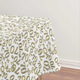 70th Birthday Party Theme, White and Gold Tablecloth