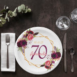 70th birthday party white gold geo floral burgundy paper plate<br><div class="desc">A plate for a 70th birthday party. A chic white background with a faux gold geometric frame. Decorated with dark purple and burgundy flowers, roses and boho style feathers. Templates for a name, age 70 and a date. Date of birth or the date of the party. The name is written...</div>