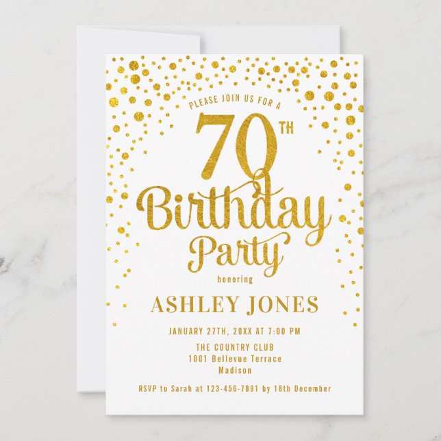 70th Birthday Party - White & Gold Invitation (Front)