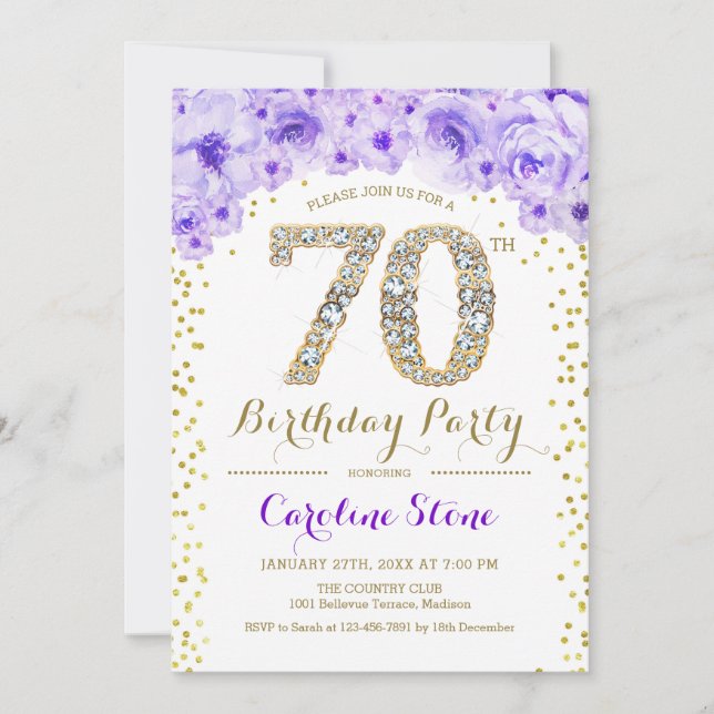 70th Birthday Party - White Gold Purple Invitation (Front)