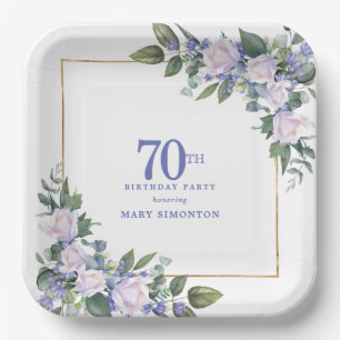 70th Birthday Party White Rose Blue Floral Custom Paper Plate