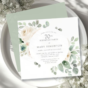 70th Birthday Party White Rose Floral Eucalyptus Invitation