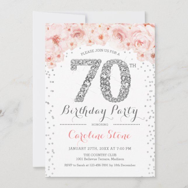 70th Birthday Party - White Silver Pink Invitation (Front)