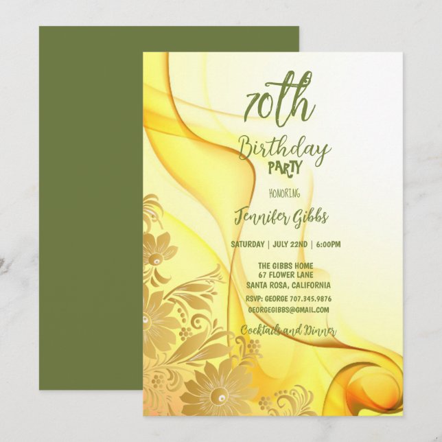 70th Birthday Party Yellow Flowers & Swirls Invita Invitation (Front/Back)