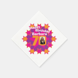 70th birthday photo and name pink star napkins