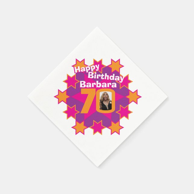 70th birthday photo and name pink star napkins (Corner)