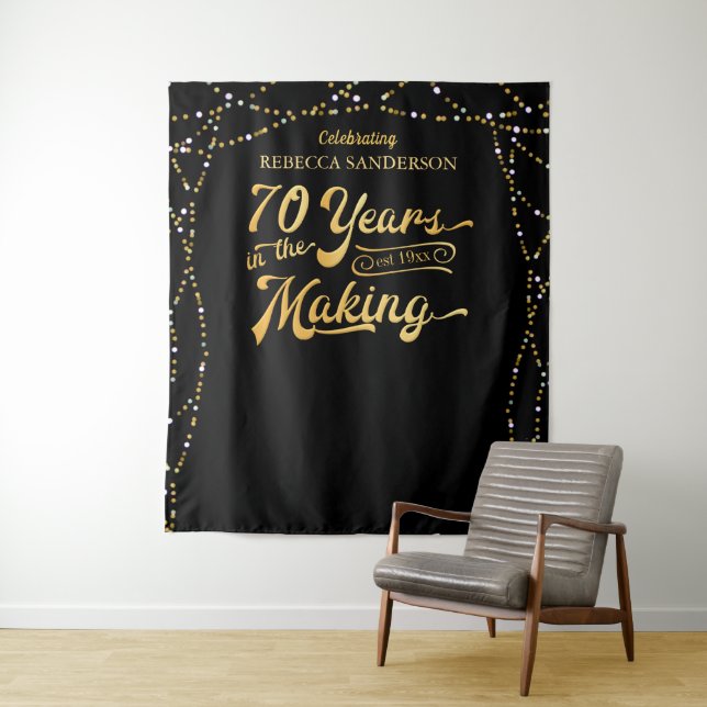 70th Birthday Photo Backdrop Black and Gold Tapestry (In Situ)
