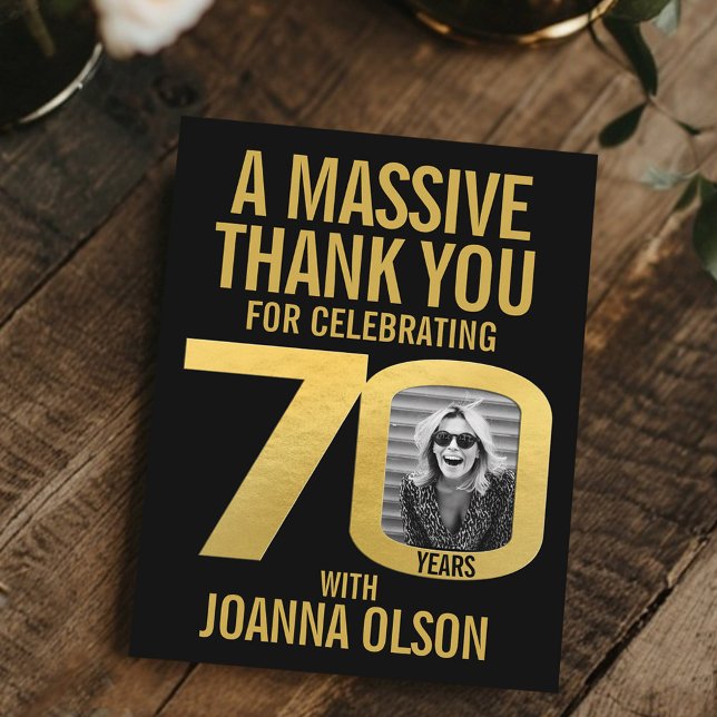 70th birthday photo black and gold  thank you card (Creator Uploaded)