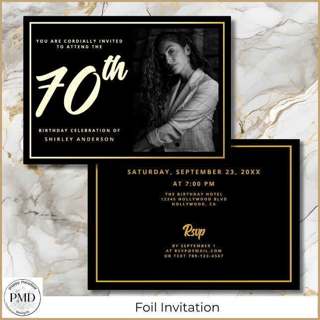 70th Birthday Photo Black Faux Gold Leaf Elegant  (70th Birthday Elegant Photo Black and Gold Foil Invitation with Party Details on the Back.)