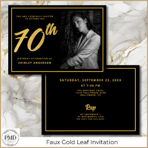 70th Birthday Photo Black Faux Gold Leaf Elegant Invitation