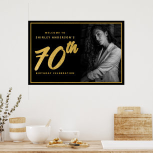 70th Birthday Photo Black Faux Gold Leaf Elegant  Poster