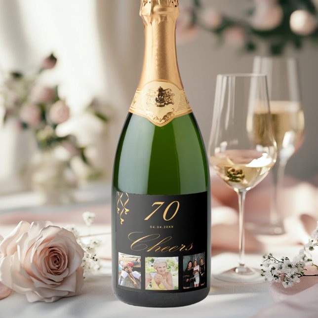 70th birthday photo black gold cheers sparkling wine label (Creator Uploaded)